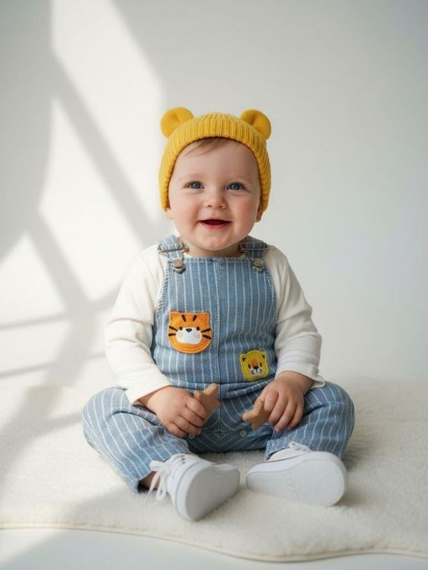 Bebek Uzun Kollu T-shirt ve Aslan İşlemeli Salopet Tulum Set