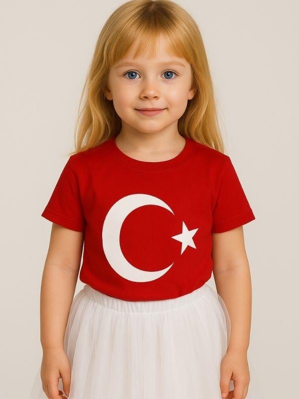 Çocuk Ay Yıldız Baskılı Yarım Kollu Pamuklu T-shirt