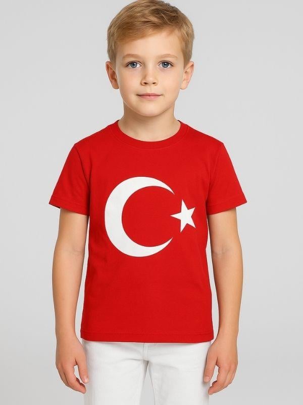 Çocuk Ay Yıldız Baskılı Yarım Kollu Pamuklu T-shirt