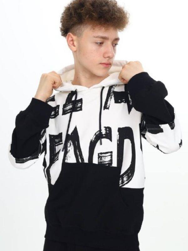Çocuk Kapüşonlu Harf Desenli Kanguru Cepli Sweatshirt