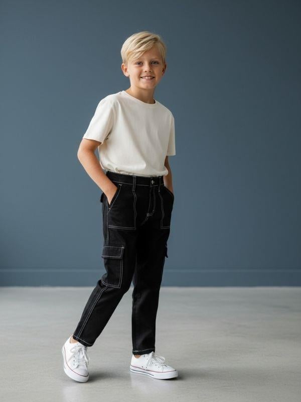 Çocuk Kargo Cepli Kontrast Dikişli Geniş Paça Pantolon