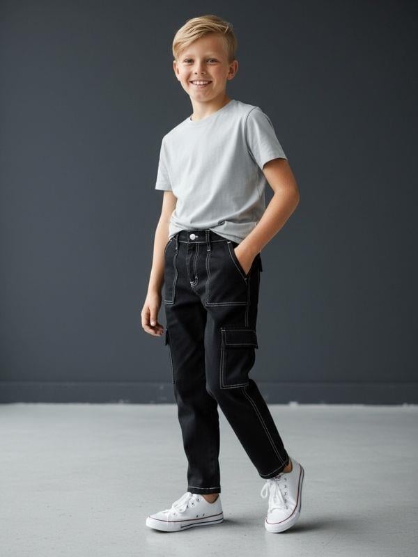 Çocuk Kargo Cepli Kontrast Dikişli Geniş Paça Pantolon