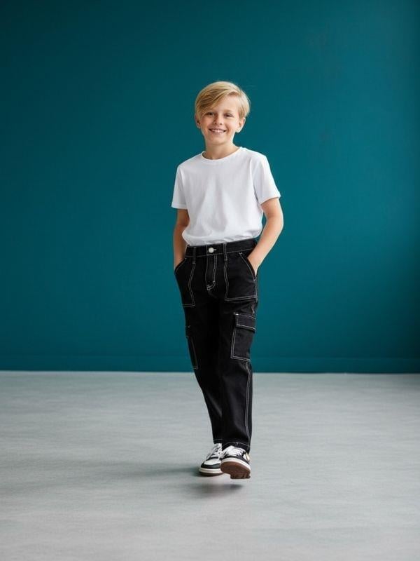 Çocuk Kargo Cepli Kontrast Dikişli Geniş Paça Pantolon