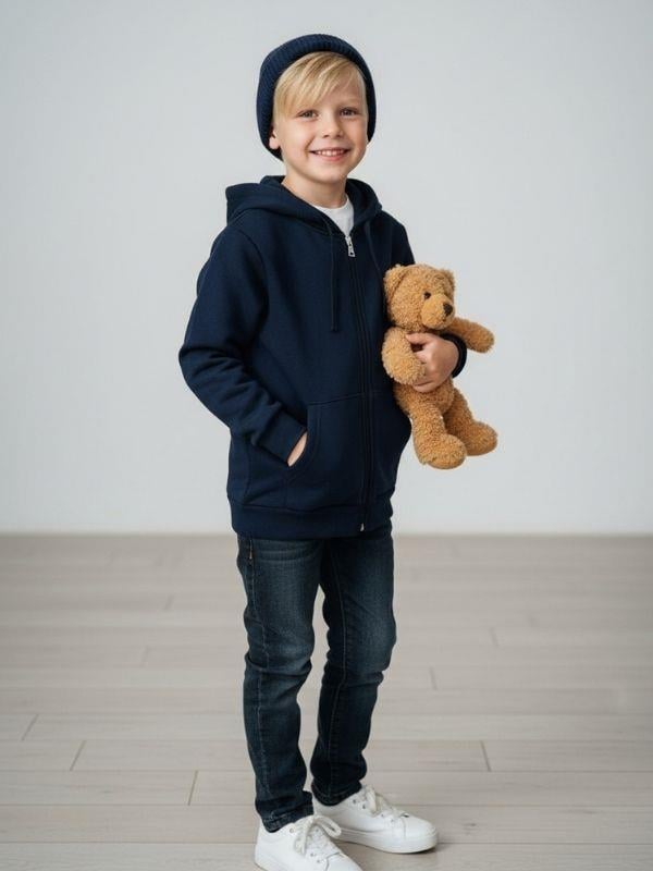 Çocuk Pamuklu Şardonlu Fermuarlı Kapüşonlu Hırka