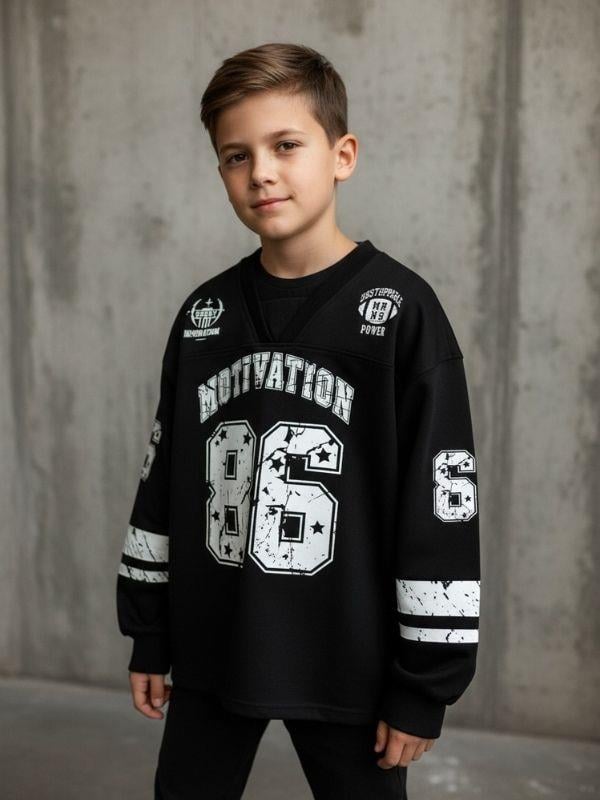 Çocuk V Yaka Baskılı Oversize Tasarım Sweatshirt