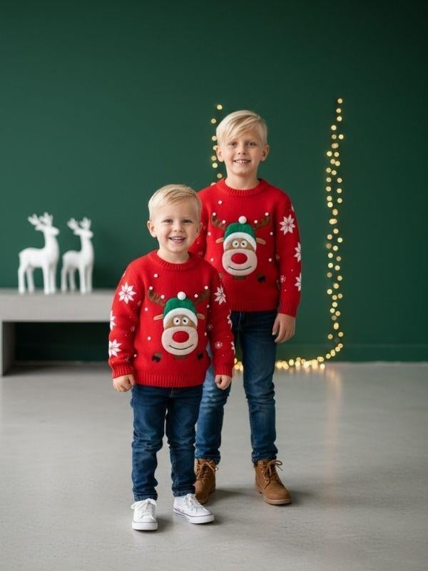 Çocuk Yılbaşı Temalı Geyikli Kırmızı Kazak