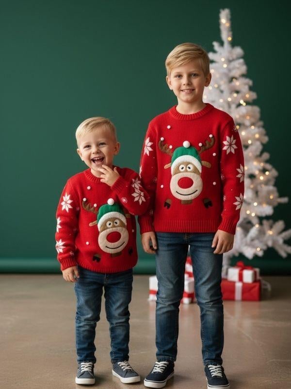 Çocuk Yılbaşı Temalı Geyikli Kırmızı Kazak