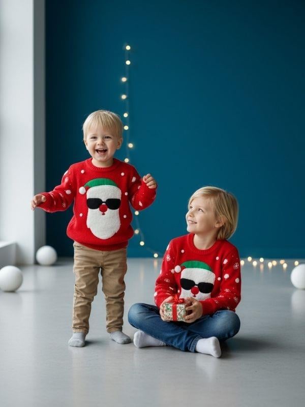 Çocuk Yılbaşı Temalı Noel Babalı Kırmızı Kazak