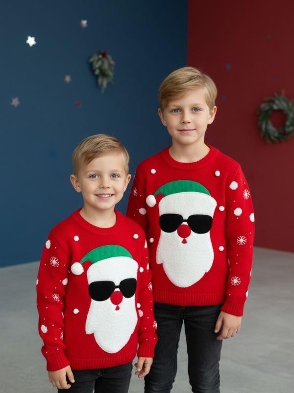 Çocuk Yılbaşı Temalı Noel Babalı Kırmızı Kazak