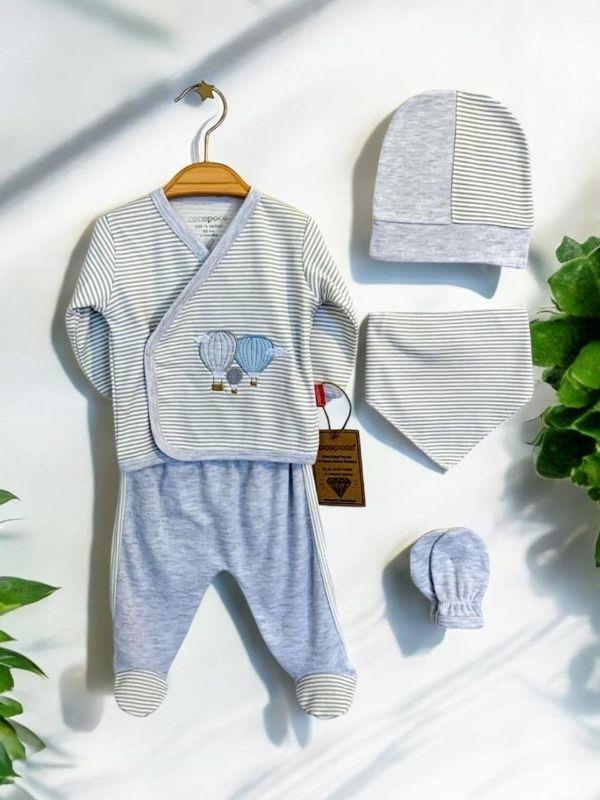 Erkek Bebek 5 Parça Uçan Balon Desenli Hastane Çıkışı Zıbın Seti