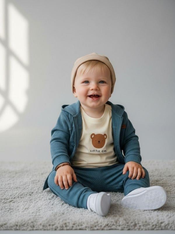 Erkek Bebek Ayıcık Baskılı Hırkalı Üçlü Takım