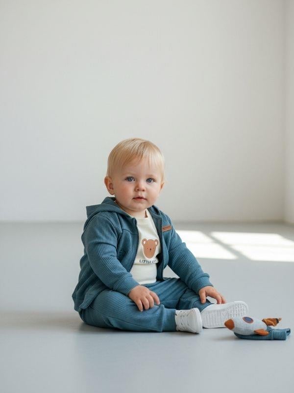 Erkek Bebek Ayıcık Baskılı Hırkalı Üçlü Takım