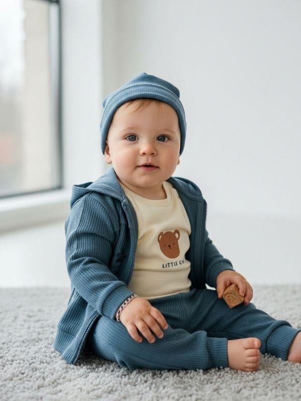 Erkek Bebek Ayıcık Baskılı Hırkalı Üçlü Takım