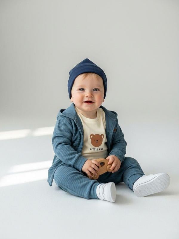 Erkek Bebek Ayıcık Baskılı Hırkalı Üçlü Takım