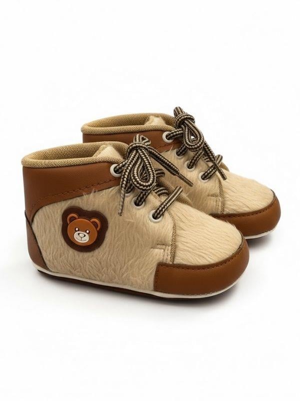 Erkek Bebek Ayıcık Desenli Bağcıklı Ayakkabı Görünümlü Patik