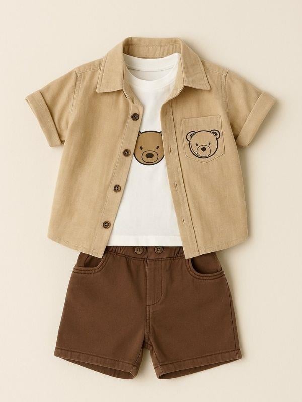 Erkek Bebek Ayıcık Desenli Ceket T-shirt Şort 3'lü Takım