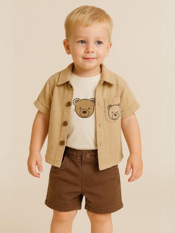 Erkek Bebek Ayıcık Desenli Ceket T-shirt Şort 3'lü Takım