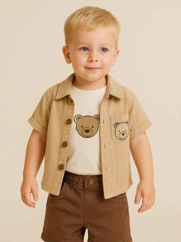 Erkek Bebek Ayıcık Desenli Ceket T-shirt Şort 3'lü Takım