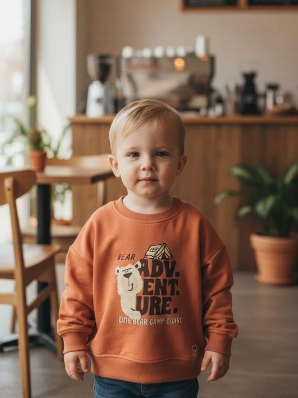 Erkek Bebek Ayıcık Desenli İnce Uzun Kollu T-shirt