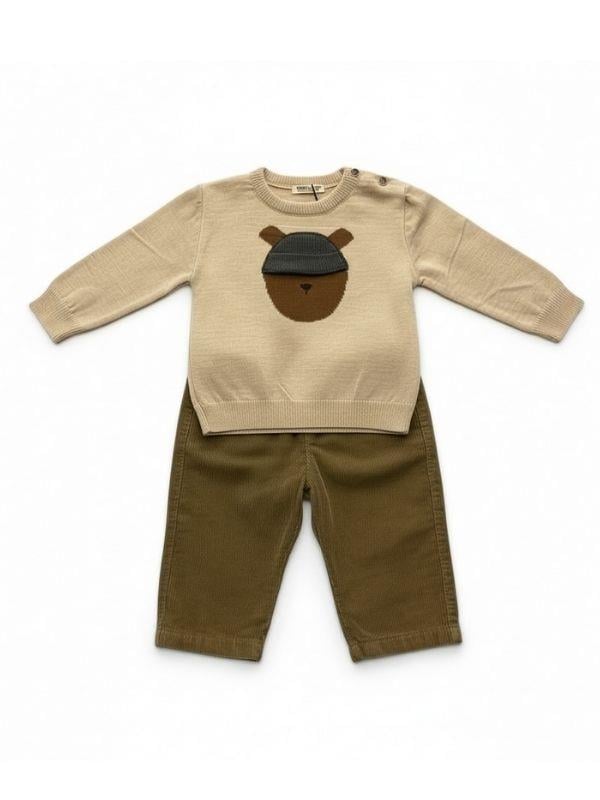 Erkek Bebek Ayıcık Desenli Kazak Pantolonlu Takım