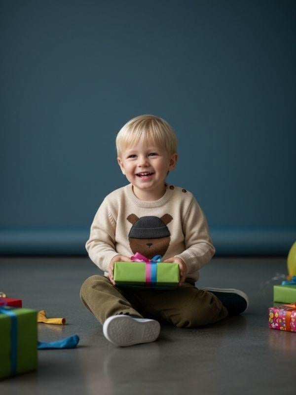 Erkek Bebek Ayıcık Desenli Kazak Pantolonlu Takım