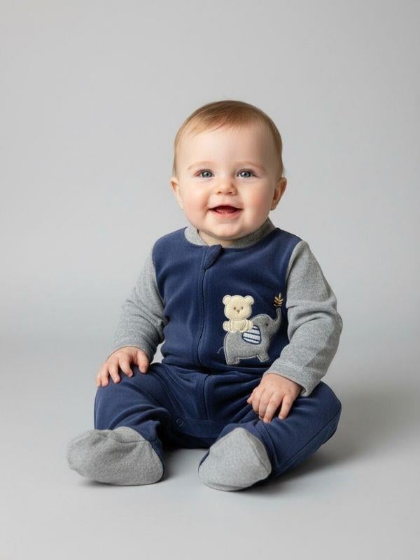 Erkek Bebek Ayıcık ve Fil Desenli Kışlık Kadife Tulum