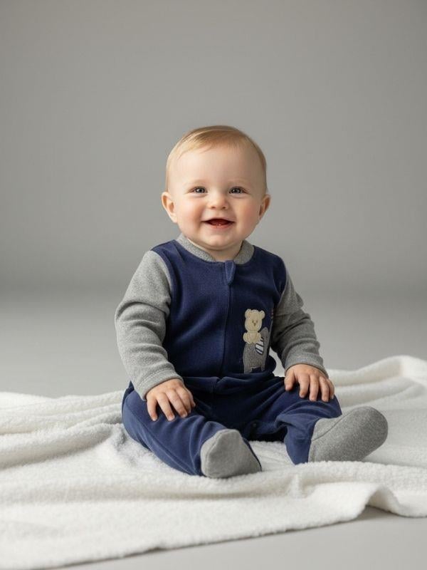 Erkek Bebek Ayıcık ve Fil Desenli Kışlık Kadife Tulum