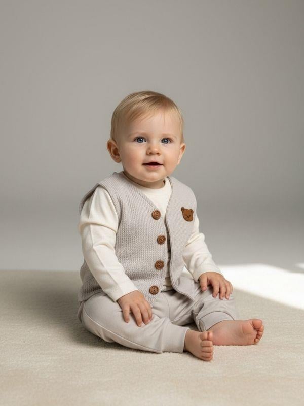 Erkek Bebek Ayıcıklı Yelekli Üçlü Eşofman Takım