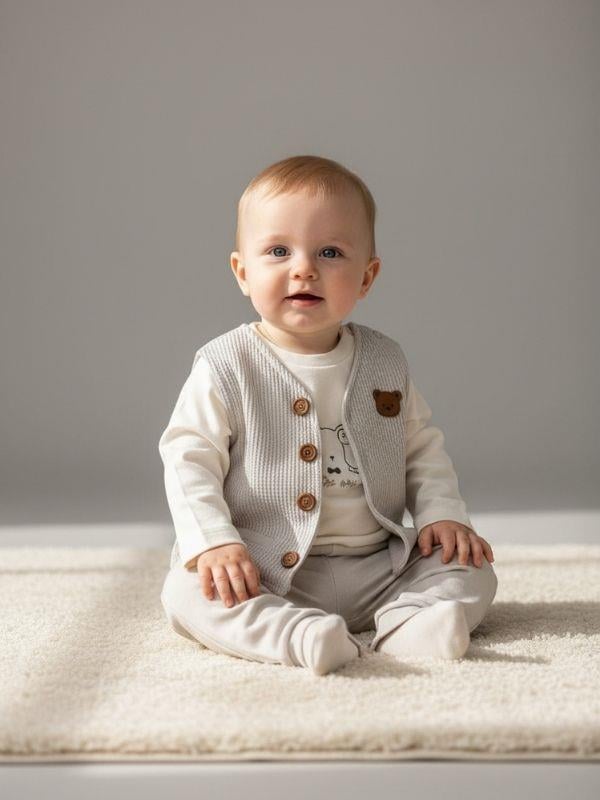 Erkek Bebek Ayıcıklı Yelekli Üçlü Eşofman Takım