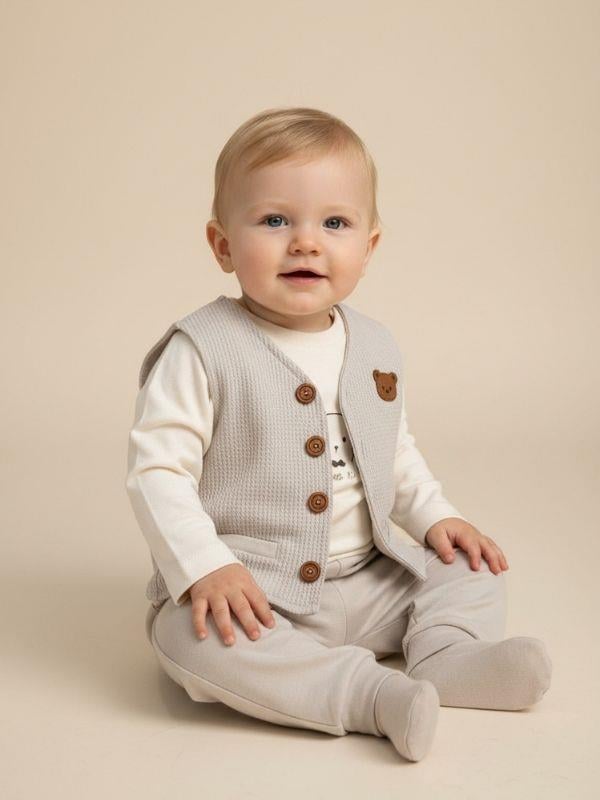 Erkek Bebek Ayıcıklı Yelekli Üçlü Eşofman Takım