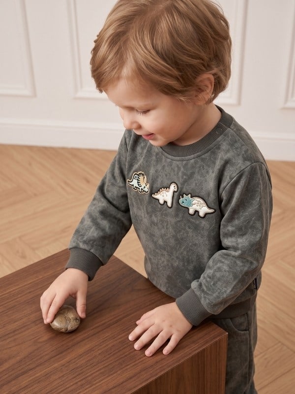 Erkek Bebek Batik Desenli Dinozor Baskılı Eşofman Takımı