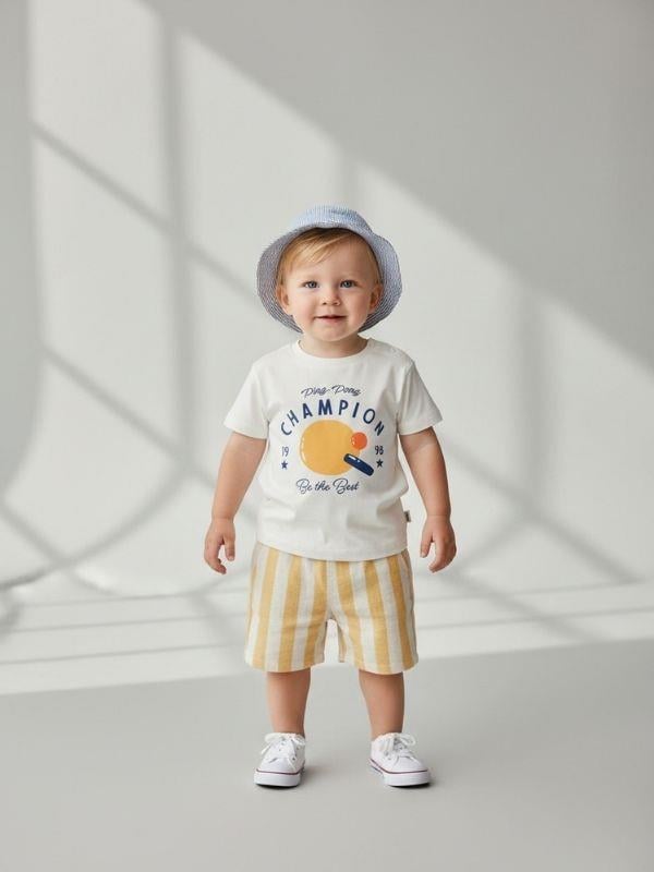 Erkek Bebek Champion Desenli Keten Şortlu Takım