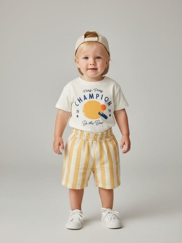 Erkek Bebek Champion Desenli Keten Şortlu Takım