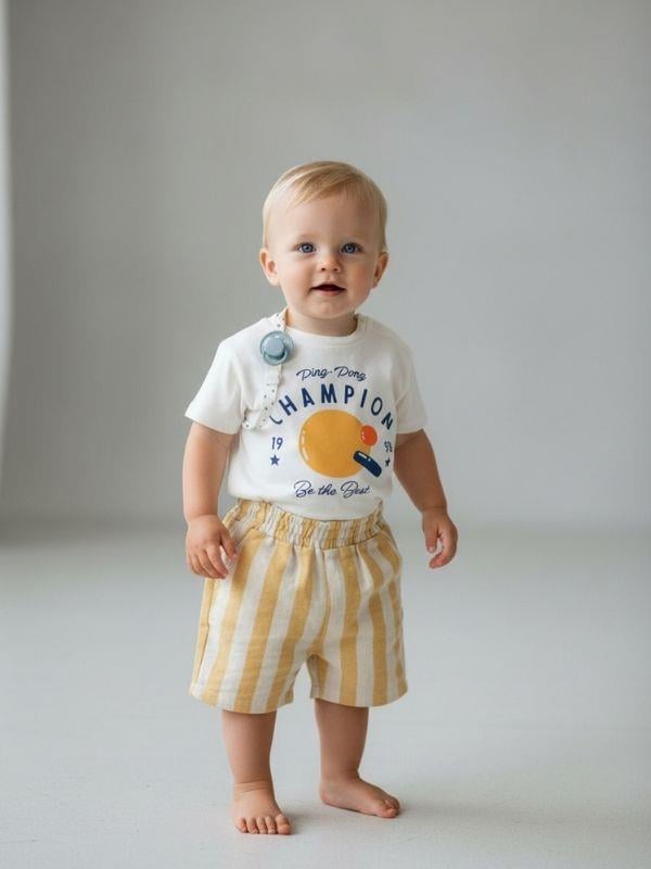 Erkek Bebek Champion Desenli Keten Şortlu Takım