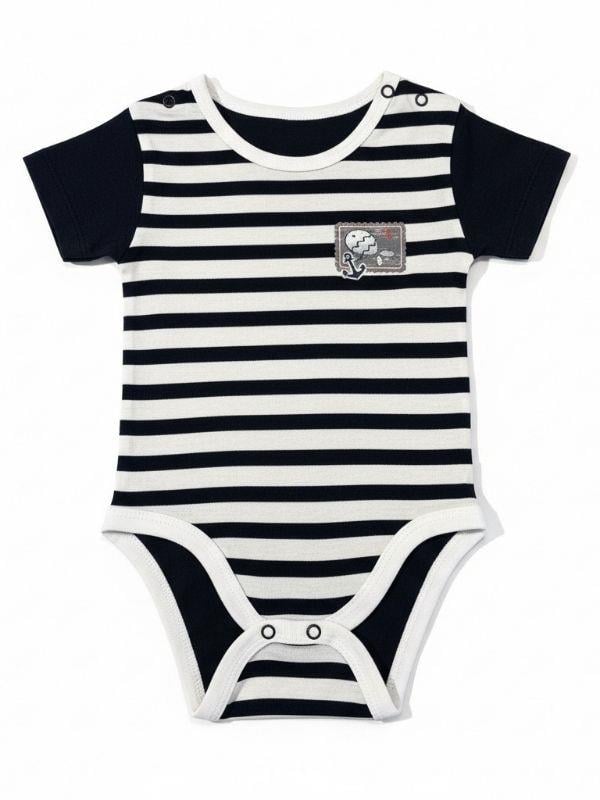 Erkek Bebek Çizgili Armalı Kısa Kollu Çıtçıtlı Body