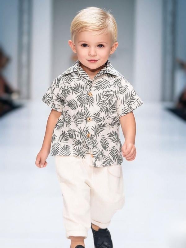 Erkek Bebek Desenli Gömlek Keten Pantolonlu  Takım