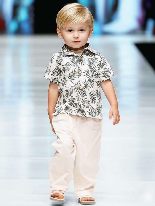 Erkek Bebek Desenli Gömlek Keten Pantolonlu  Takım