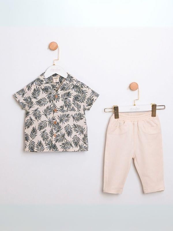 Erkek Bebek Desenli Gömlek Keten Pantolonlu  Takım
