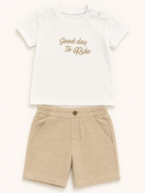 Erkek Bebek Desenli Gömlek T-shirt Şortlu Üçlü Takım