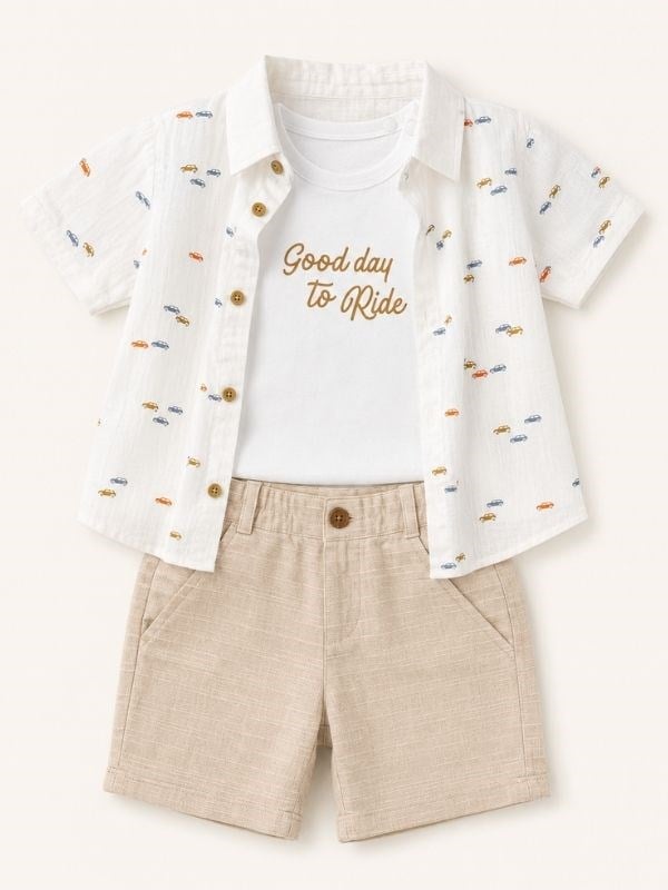 Erkek Bebek Desenli Gömlek T-shirt Şortlu Üçlü Takım