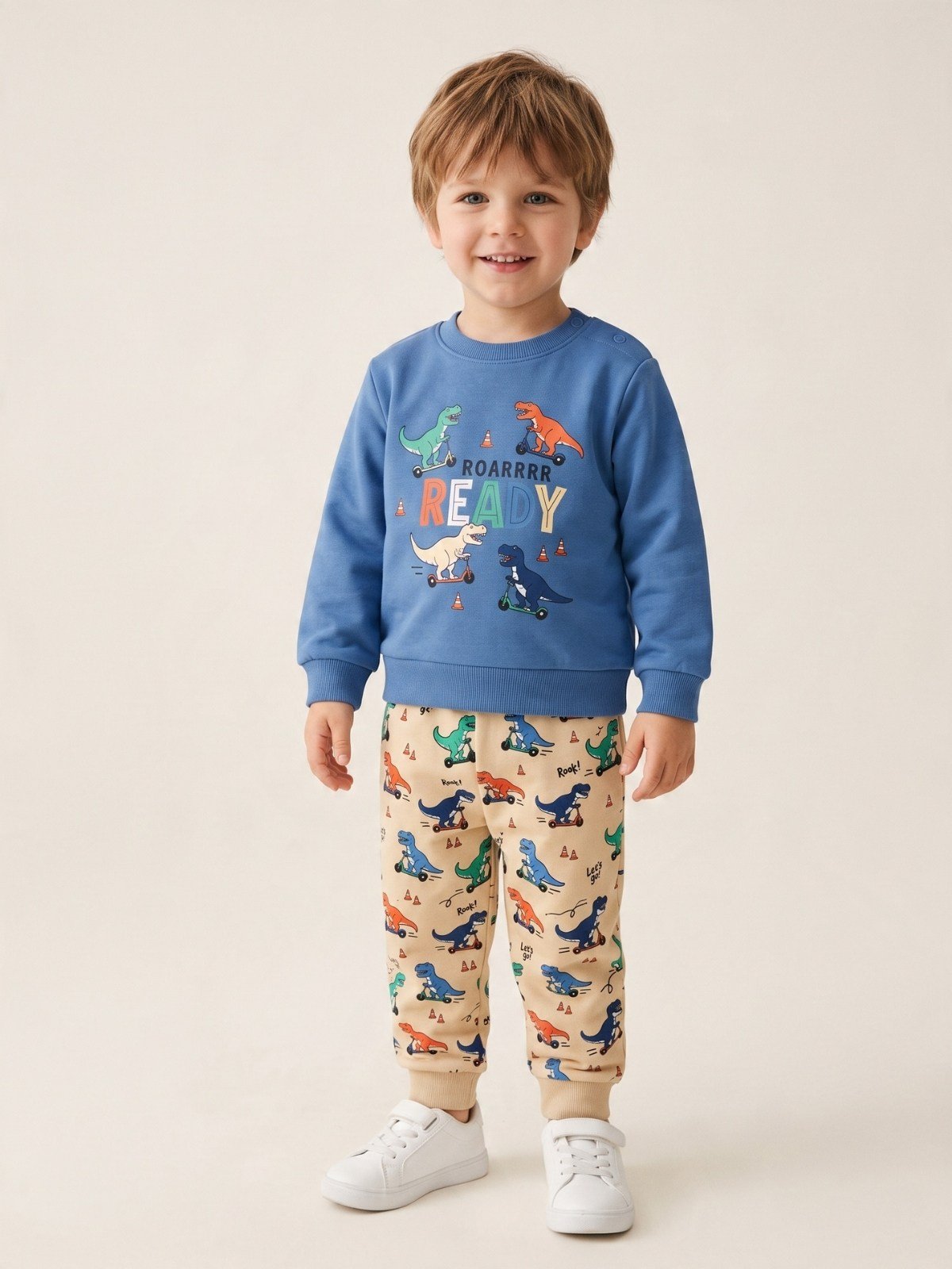 Erkek Bebek Dinazor Baskılı 2'li Sweatshirt ve Eşofman Altı Takım