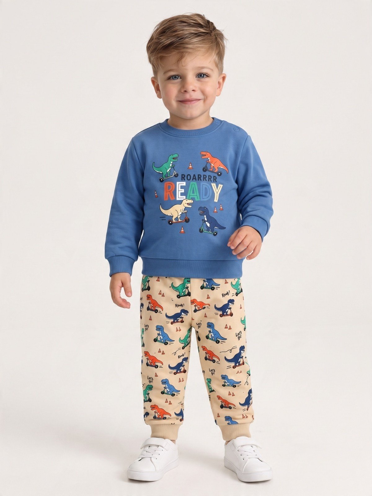 Erkek Bebek Dinazor Baskılı 2'li Sweatshirt ve Eşofman Altı Takım