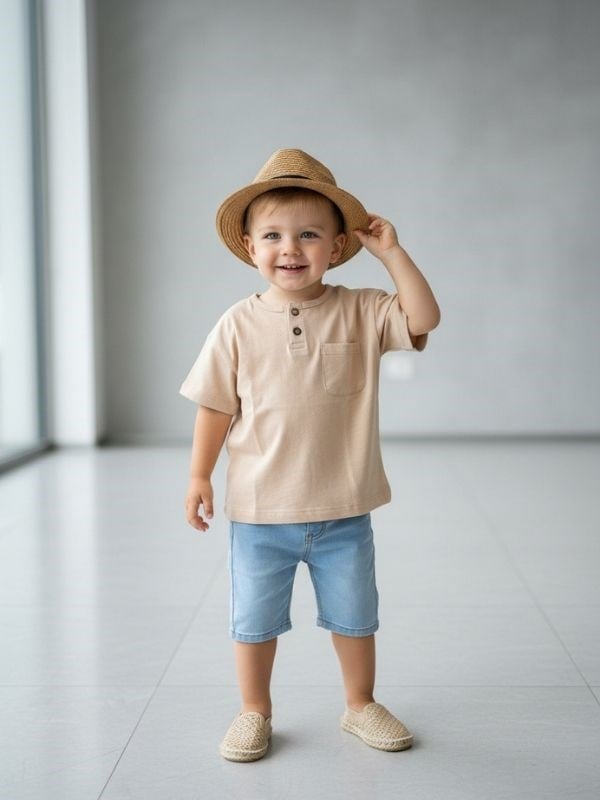 Erkek Bebek Düğme Detaylı Basic Pamuklu T-shirt