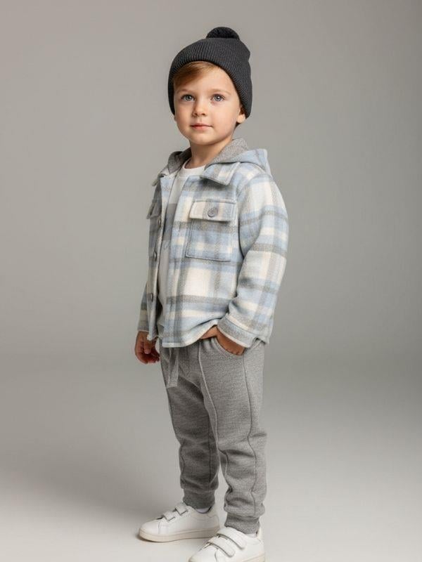 Erkek Bebek Ekose Desenli Kapüşonlu Gömlek Uzun Kollu T-shirt Üçlü Eşofman Takım