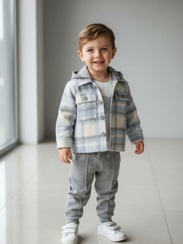 Erkek Bebek Ekose Desenli Kapüşonlu Gömlek Uzun Kollu T-shirt Üçlü Eşofman Takım