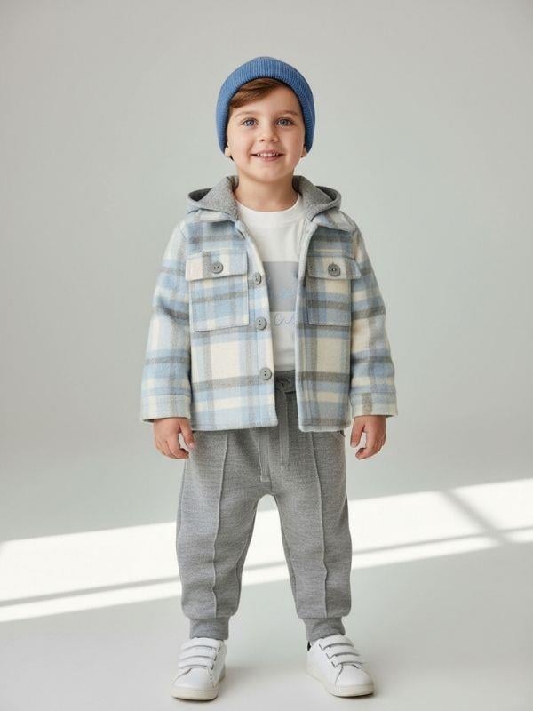 Erkek Bebek Ekose Desenli Kapüşonlu Gömlek Uzun Kollu T-shirt Üçlü Eşofman Takım