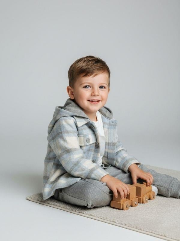 Erkek Bebek Ekose Desenli Kapüşonlu Gömlek Uzun Kollu T-shirt Üçlü Eşofman Takım