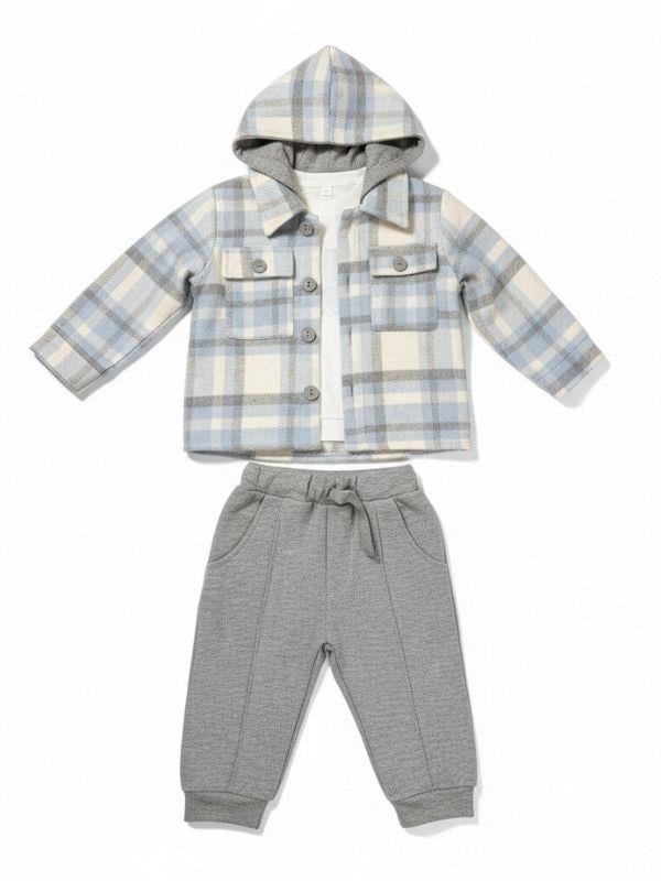 Erkek Bebek Ekose Desenli Kapüşonlu Gömlek Uzun Kollu T-shirt Üçlü Eşofman Takım