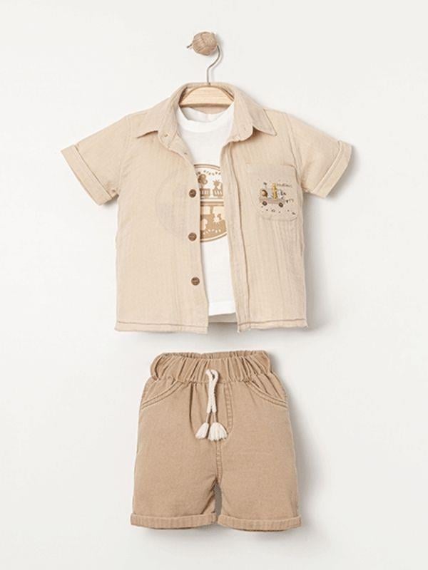 Erkek Bebek Hayvanlar Desenli Ceket Tshirt Şort Takım