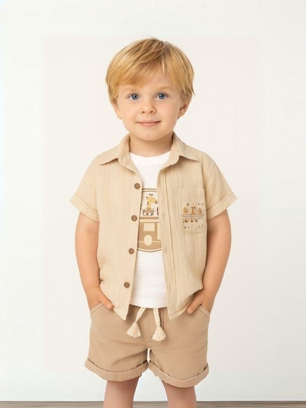 Erkek Bebek Hayvanlar Desenli Ceket Tshirt Şort Takım